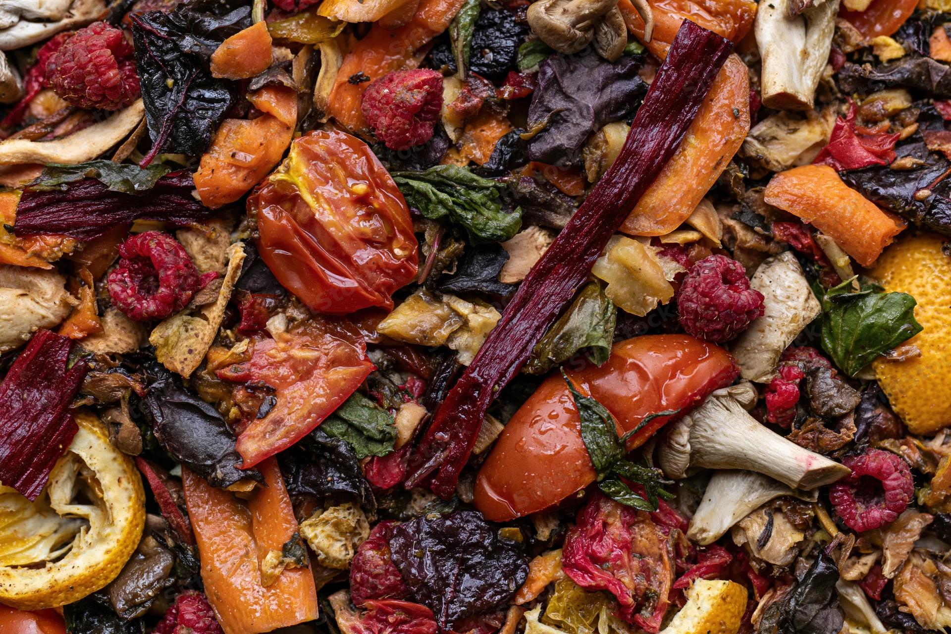 Closeup of mixed vegetable and fruit scraps piled together for composting