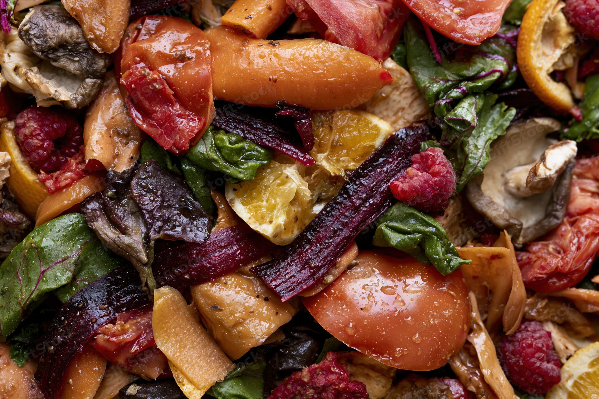 Closeup of mixed vegetable and fruit scraps piled together in a kitchen setting
