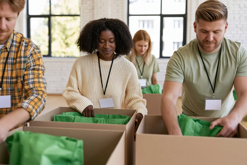 Diverse volunteers sorting donated green clothing into cardboard boxes indoors