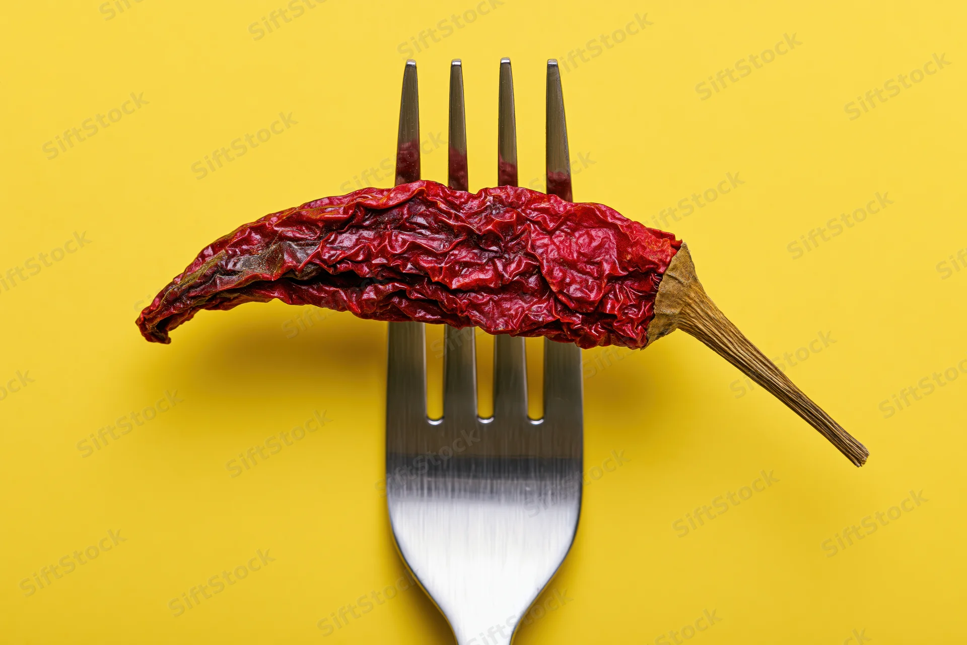Dried red chili pepper resting on fork tines against yellow background