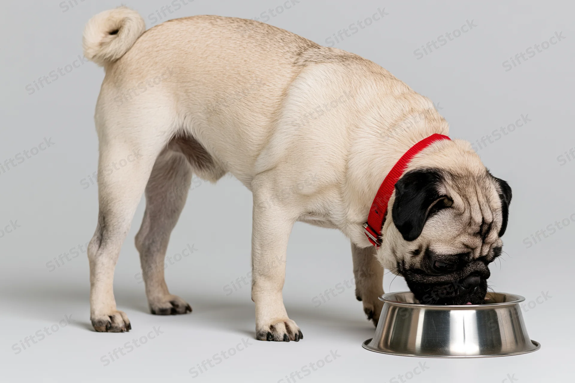 Fawn pug eating from stainless steel bowl in studio setting