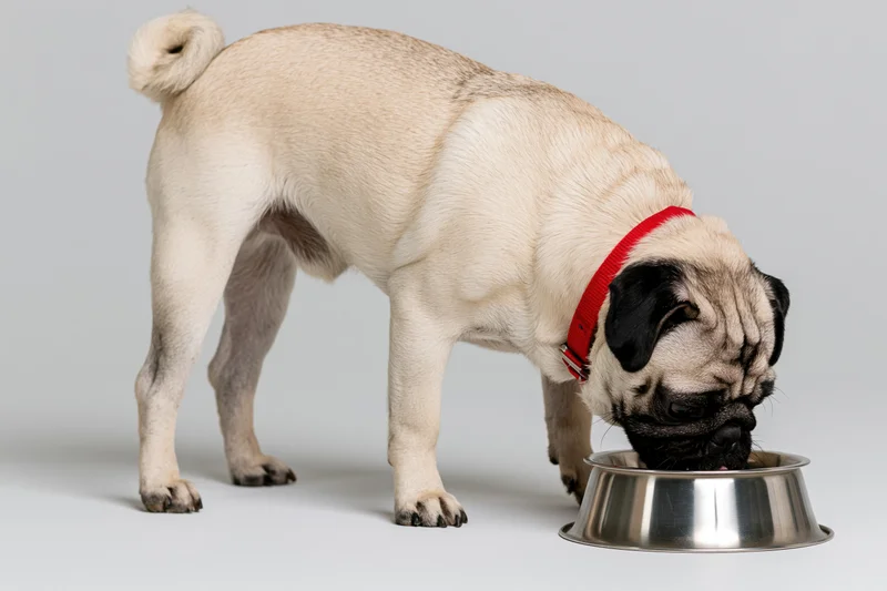 Fawn pug eating from stainless steel bowl in studio setting
