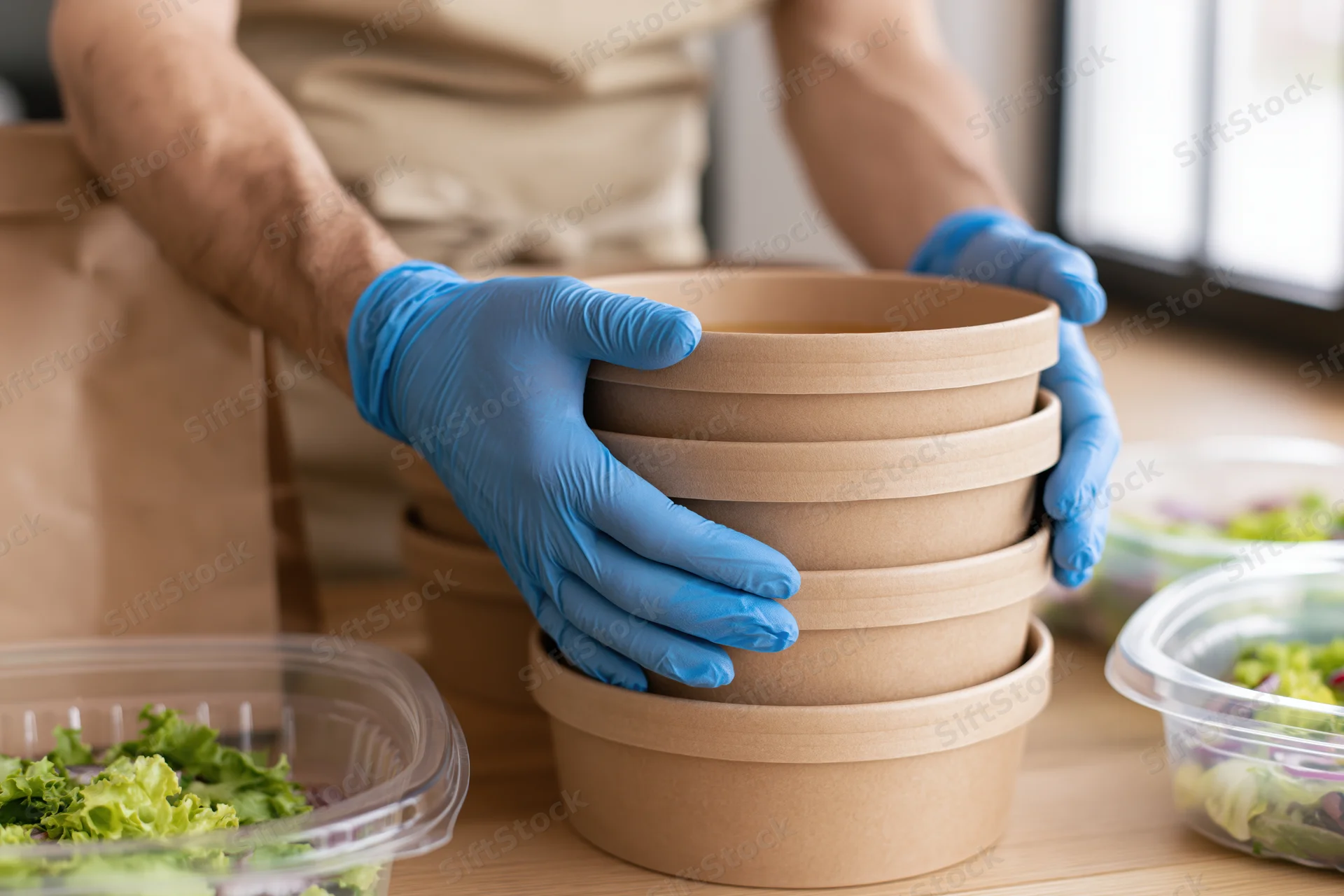 Food service worker stacking paper containers on a kitchen counter with salads nearby