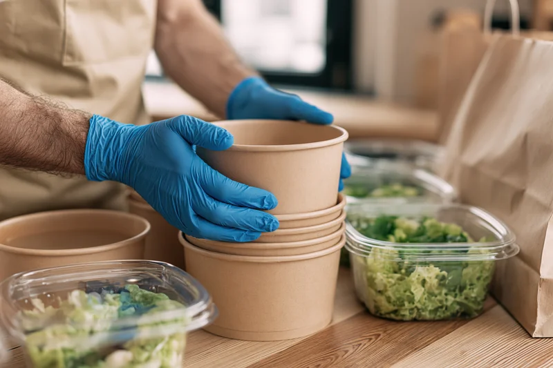 Food service worker stacking paper containers on a wooden counter with salad in plastic containers nearby