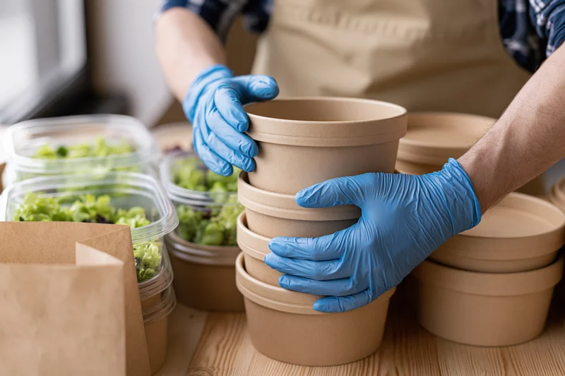 Food service worker stacking paper containers on wooden counter with salad in plastic containers nearby