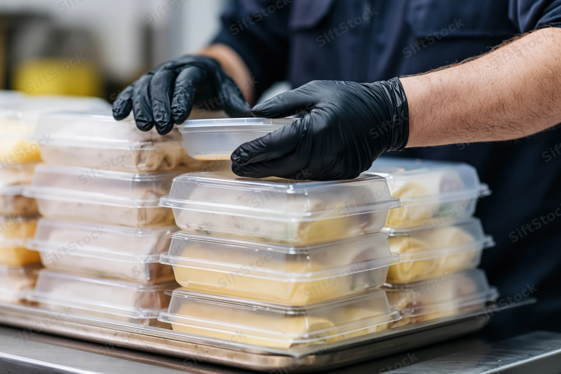 Food service worker in black nitrile gloves arranging stacked plastic meal containers on a stainless steel tray in a commercial kitchen