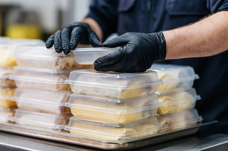 Food service worker in black nitrile gloves arranging stacked plastic meal containers on a stainless steel tray in a commercial kitchen
