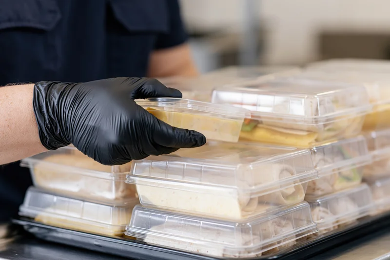 Food service worker holding a plastic meal container on a tray in a kitchen