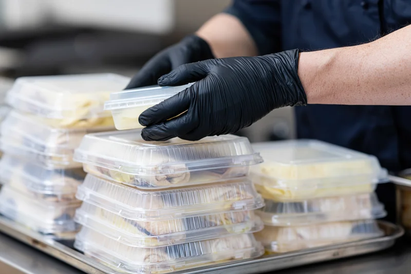 Food service worker in black nitrile gloves stacking plastic meal containers on a stainless steel tray in a kitchen