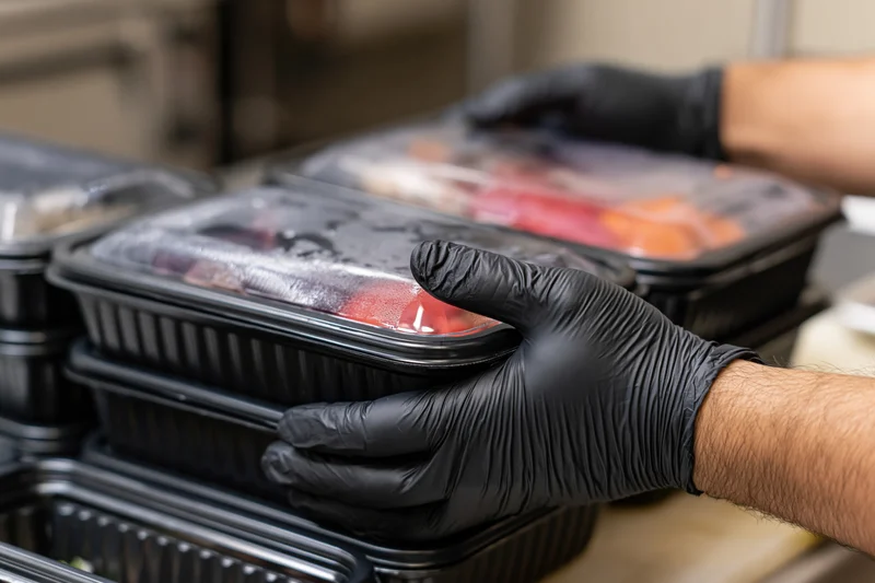 Food service worker stacking prepared meal containers in a kitchen