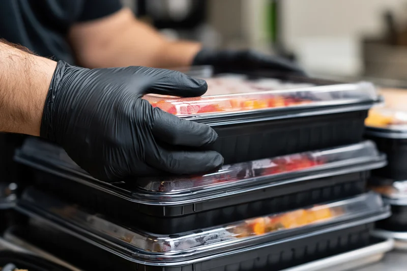 Food service worker stacking plastic meal containers in a kitchen