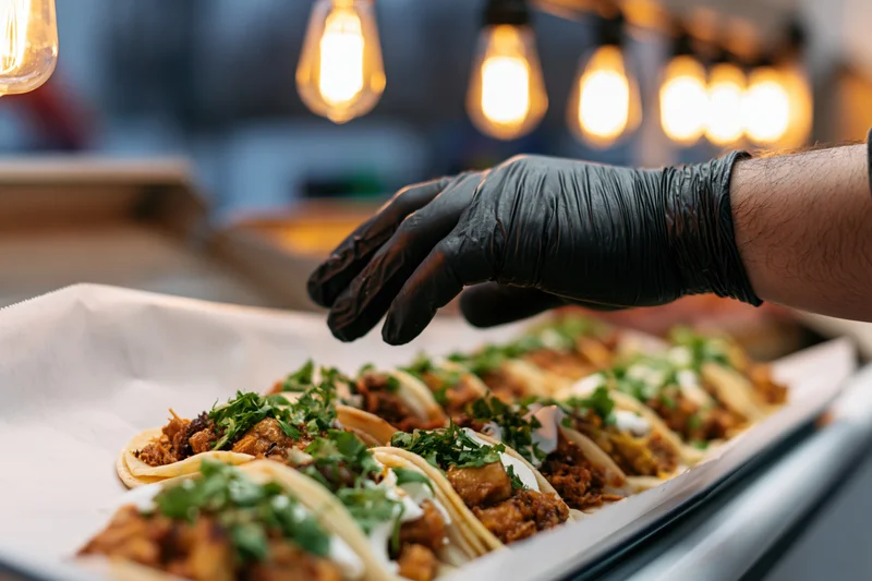 Vendor's hand in black nitrile glove reaching to serve tacos on parchment-lined tray in restaurant kitchen