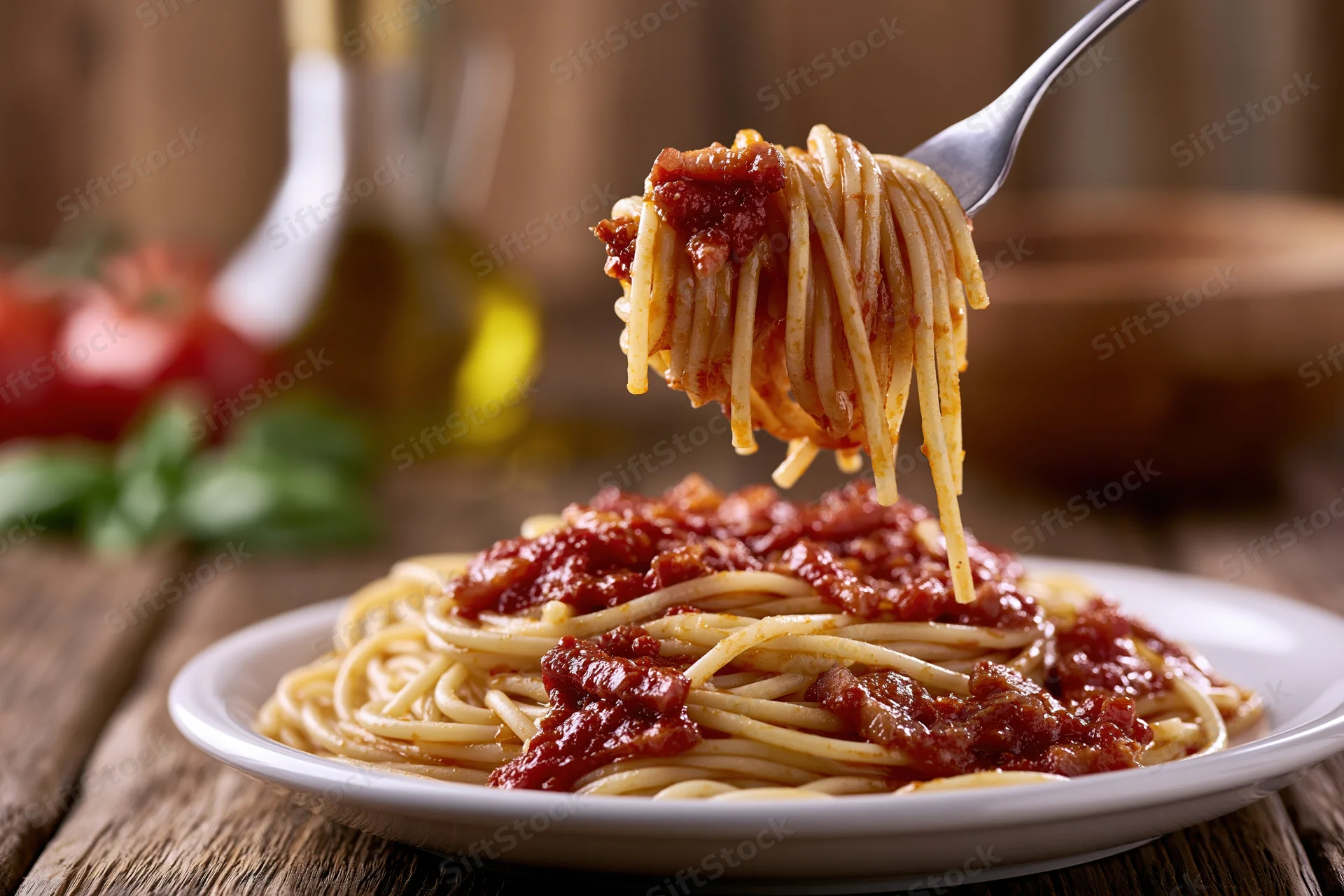 Fork twirling spaghetti with tomato sauce and pancetta above a white plate on a wooden table