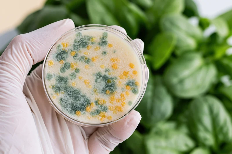 Gloved hand holding petri dish with bacterial and mold growth over fresh spinach leaves