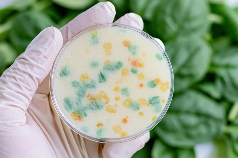 Gloved hand holding petri dish with bacterial colonies over spinach leaves