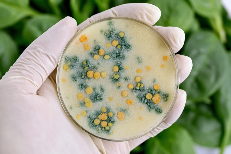 Gloved hand holding petri dish with mold colonies over fresh spinach leaves