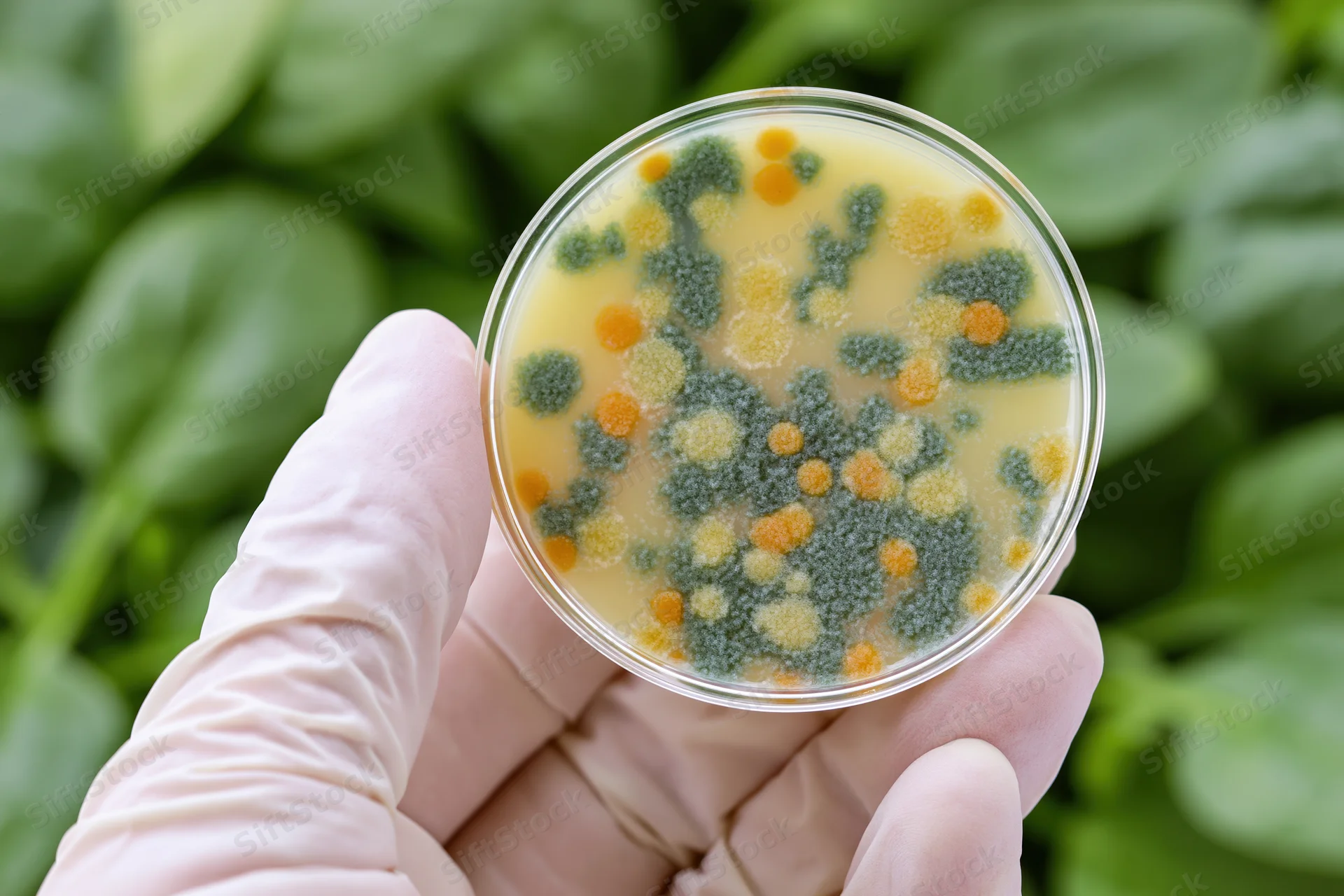 Gloved hand holding petri dish with bacterial and fungal growth over leafy greens
