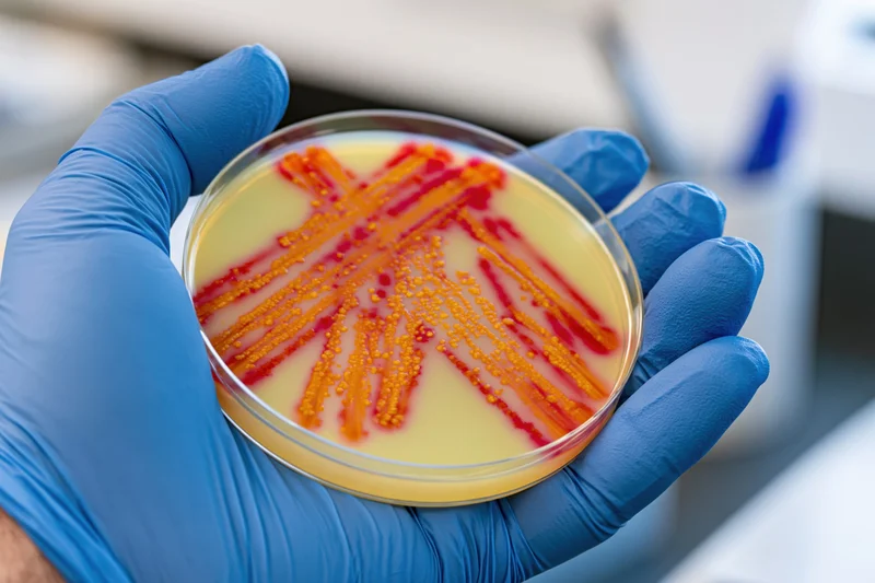 Gloved hand holding petri dish with bacterial colonies in laboratory setting