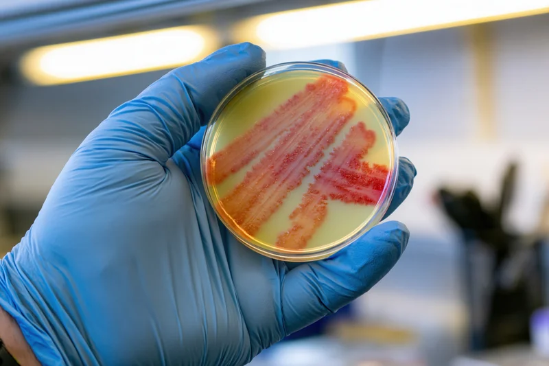Gloved hand holding petri dish with bacterial colonies in laboratory setting