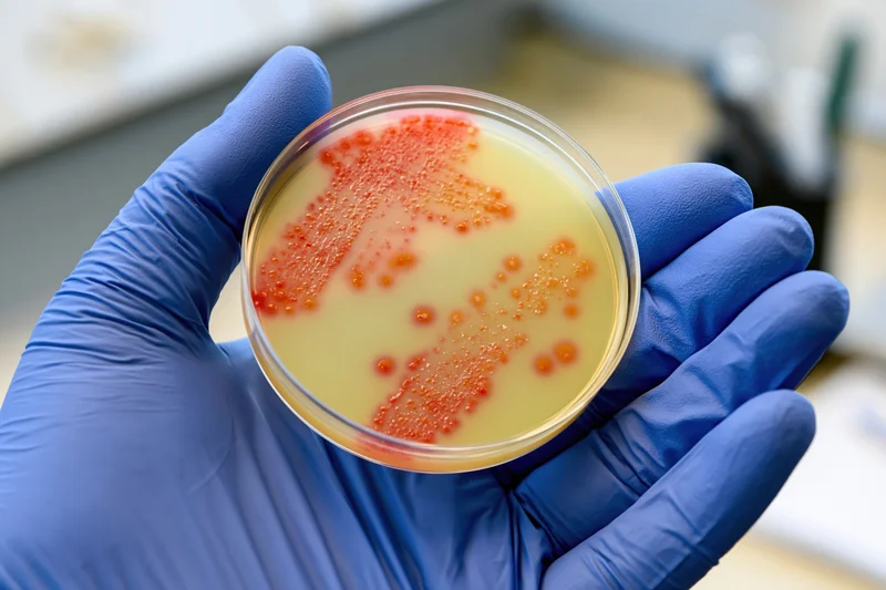 Gloved hand holding petri dish with bacterial colonies in laboratory setting