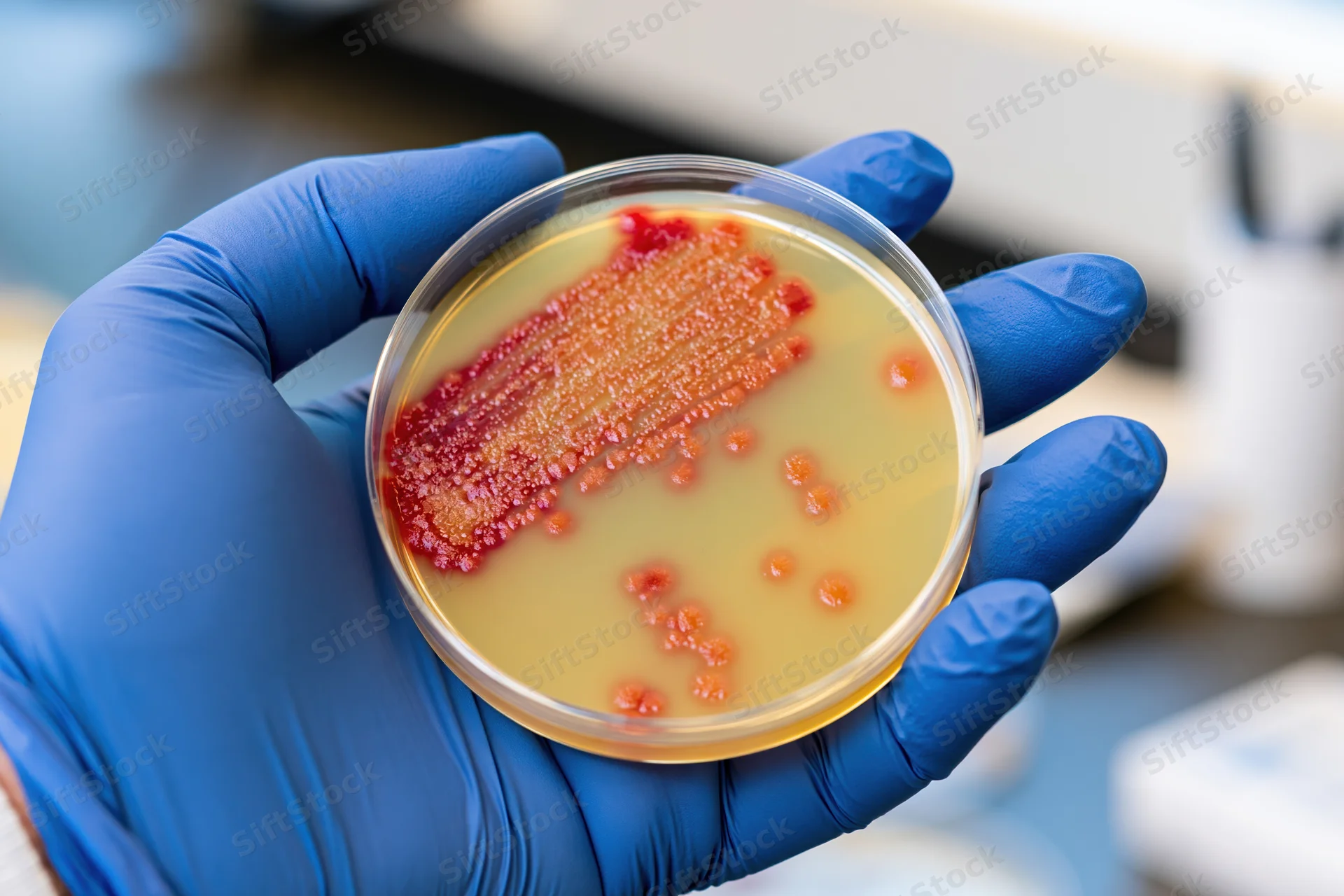 Gloved hand holding petri dish with bacterial colonies in laboratory setting