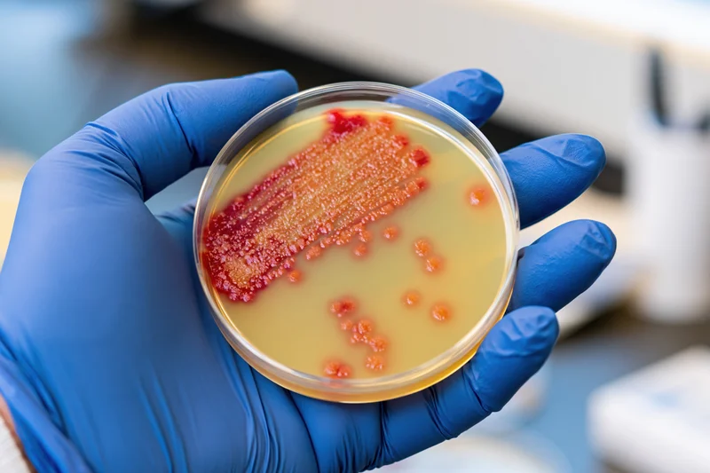 Gloved hand holding petri dish with bacterial colonies in laboratory setting