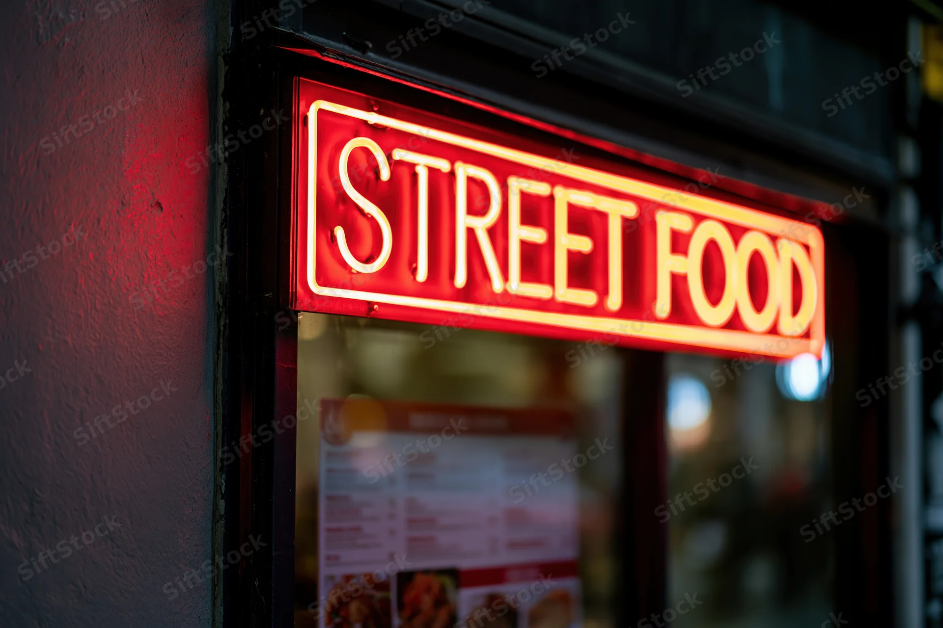 Glowing red neon sign reading street food mounted on a storefront window at night