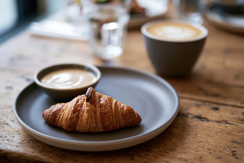Golden-brown croissant on a matte grey ceramic plate with coffee on a wooden table