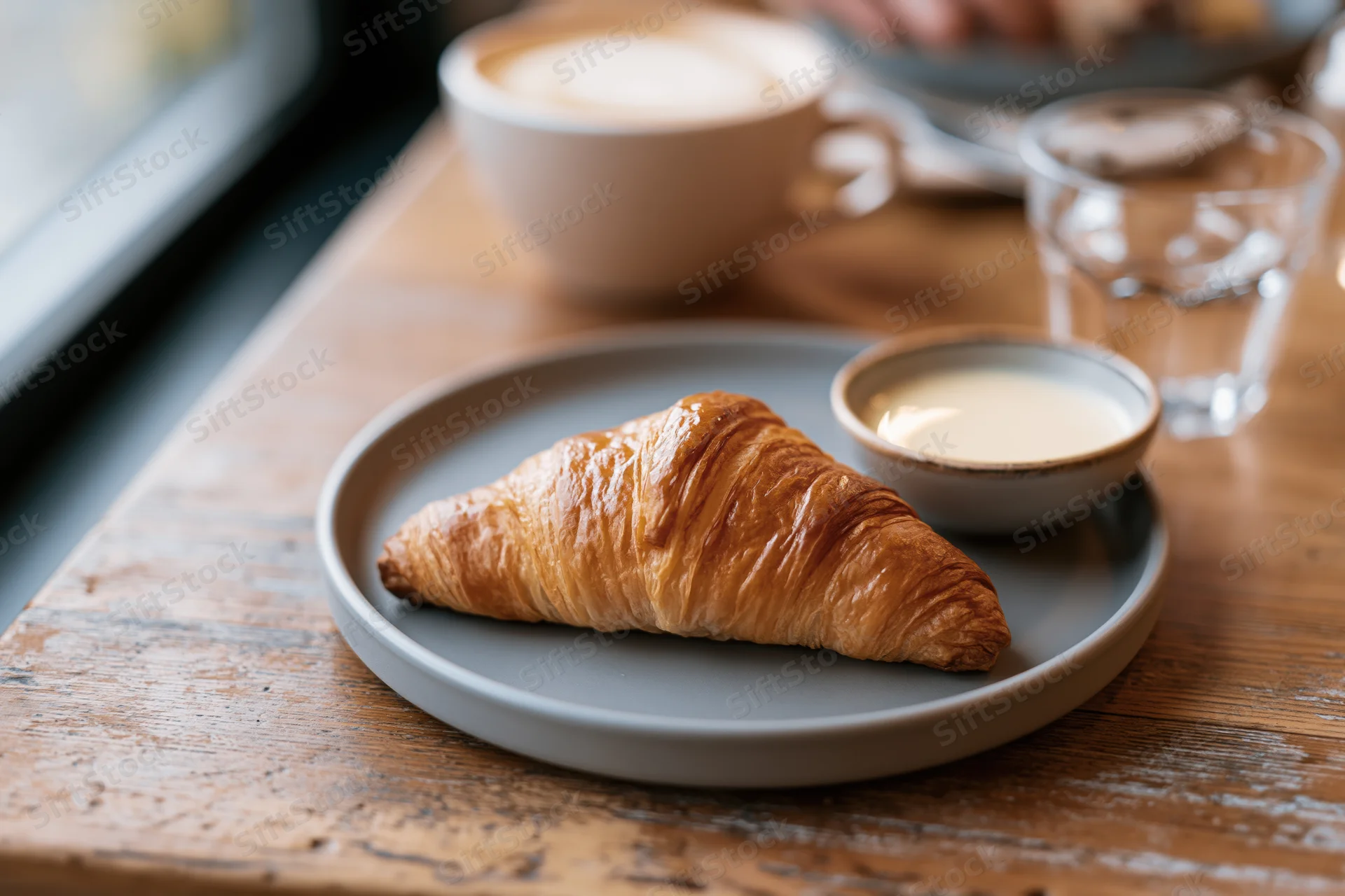 Golden-brown croissant on a matte grey ceramic plate with a small bowl of cream, set on a wooden table in a cafe with coffee and glass of water nearby