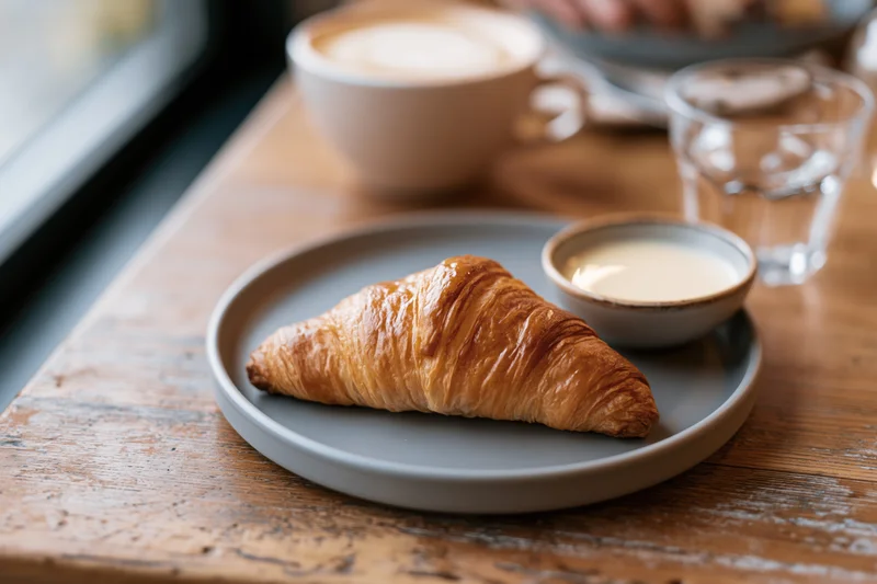 Golden-brown croissant on a matte grey ceramic plate with a small bowl of cream, set on a wooden table in a cafe with coffee and glass of water nearby
