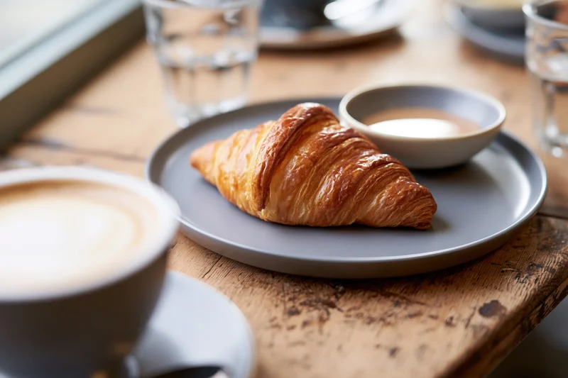 Golden-brown croissant on a matte grey ceramic plate with coffee and cream on a wooden table