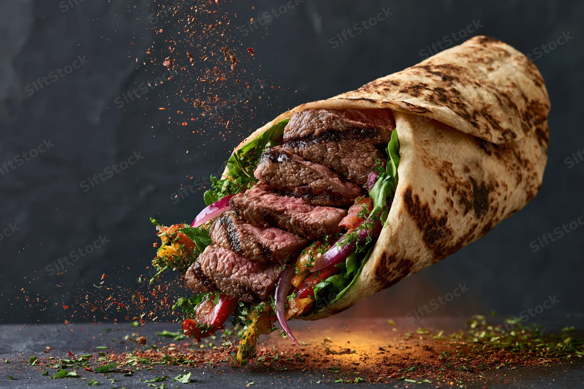 Grilled beef wrap mid-air with sliced steak and fresh greens bursting from tortilla on dark surface