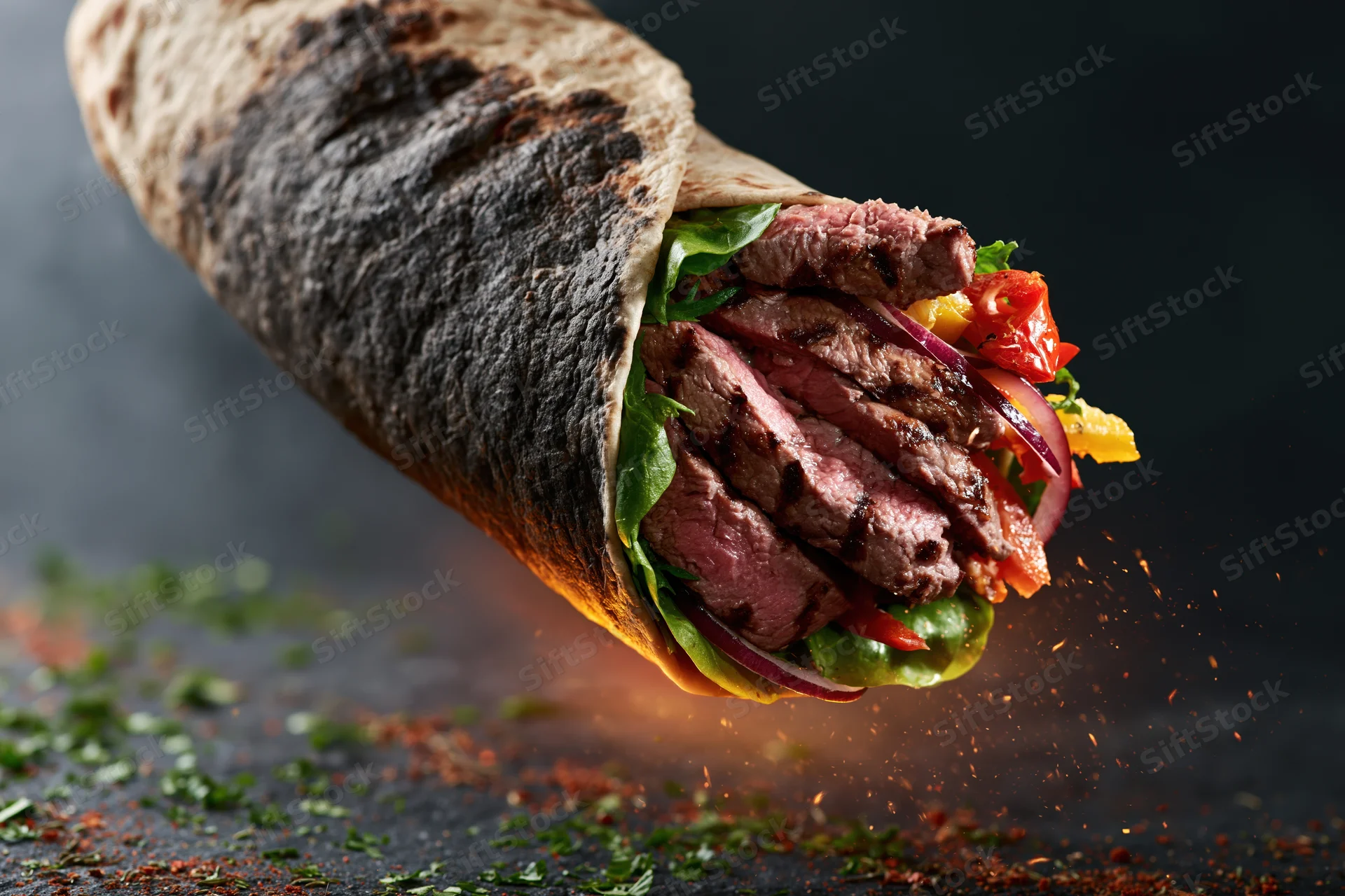 Grilled beef wrap mid-air with sliced steak and fresh greens bursting from the tortilla