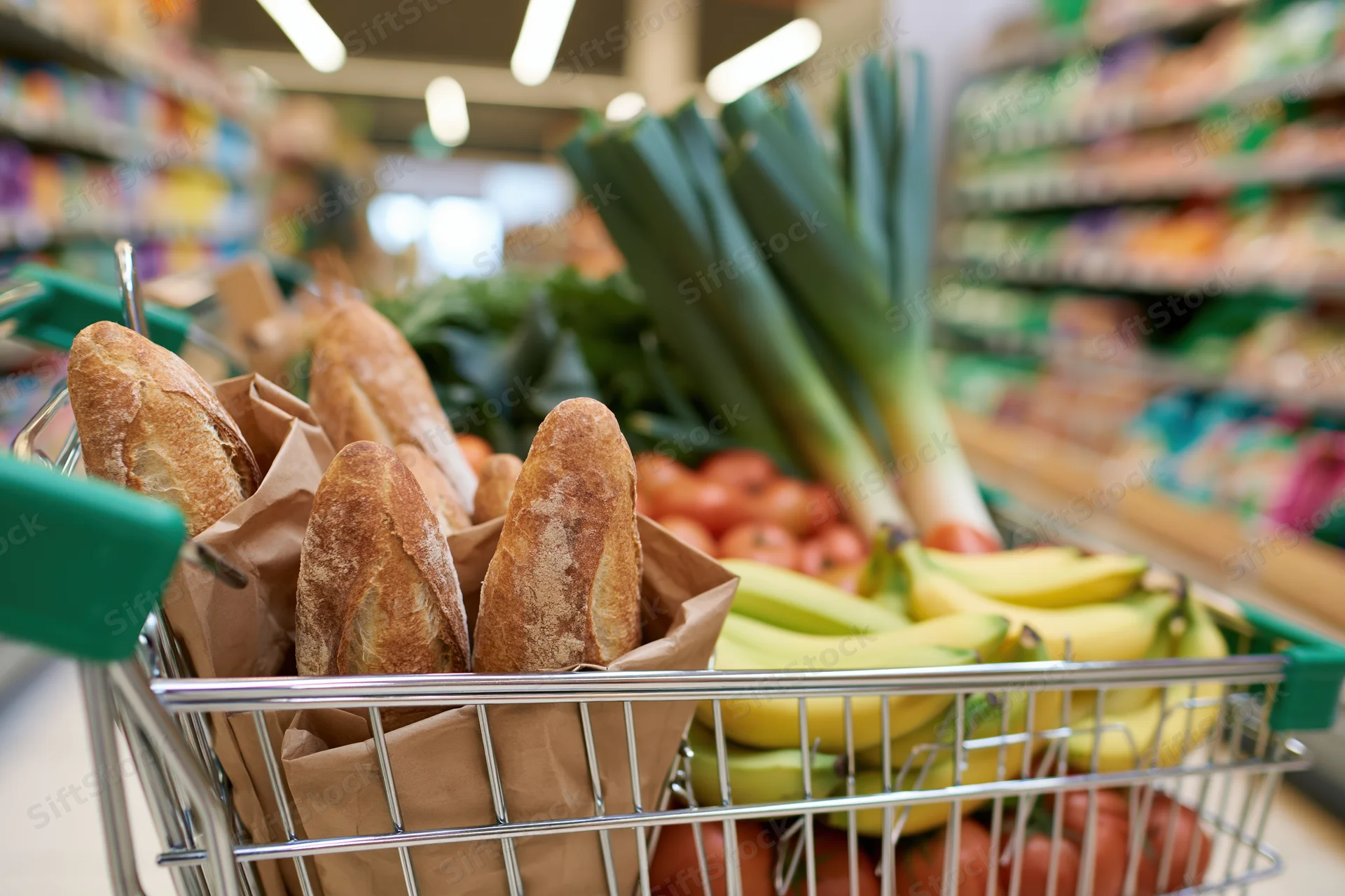 Shopping cart filled with fresh vegetables, bread, and fruit in a supermarket aisle