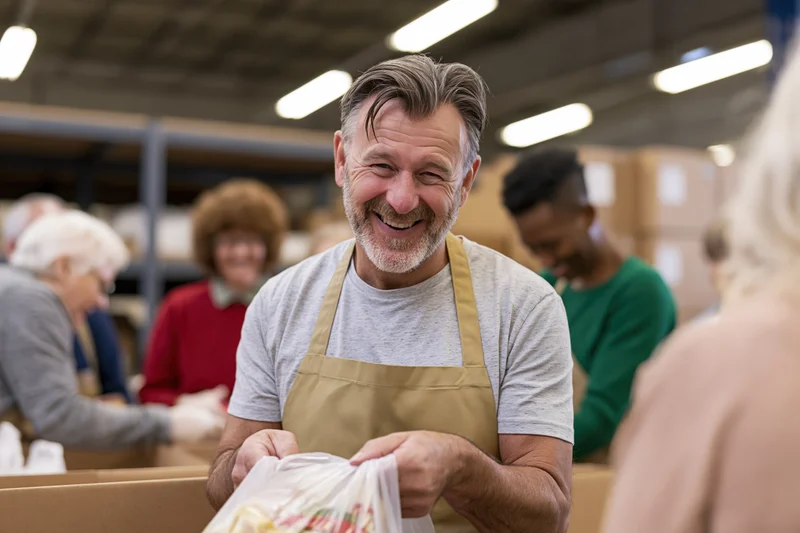 Smiling man in apron packing food donations in warehouse with volunteers