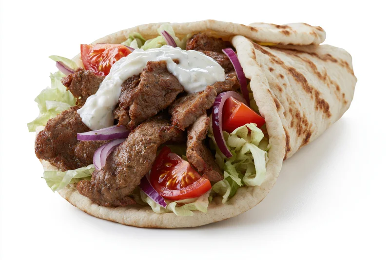 Gyro wrap filled with seasoned meat, shredded lettuce, tomato, red onion and white sauce on a white background