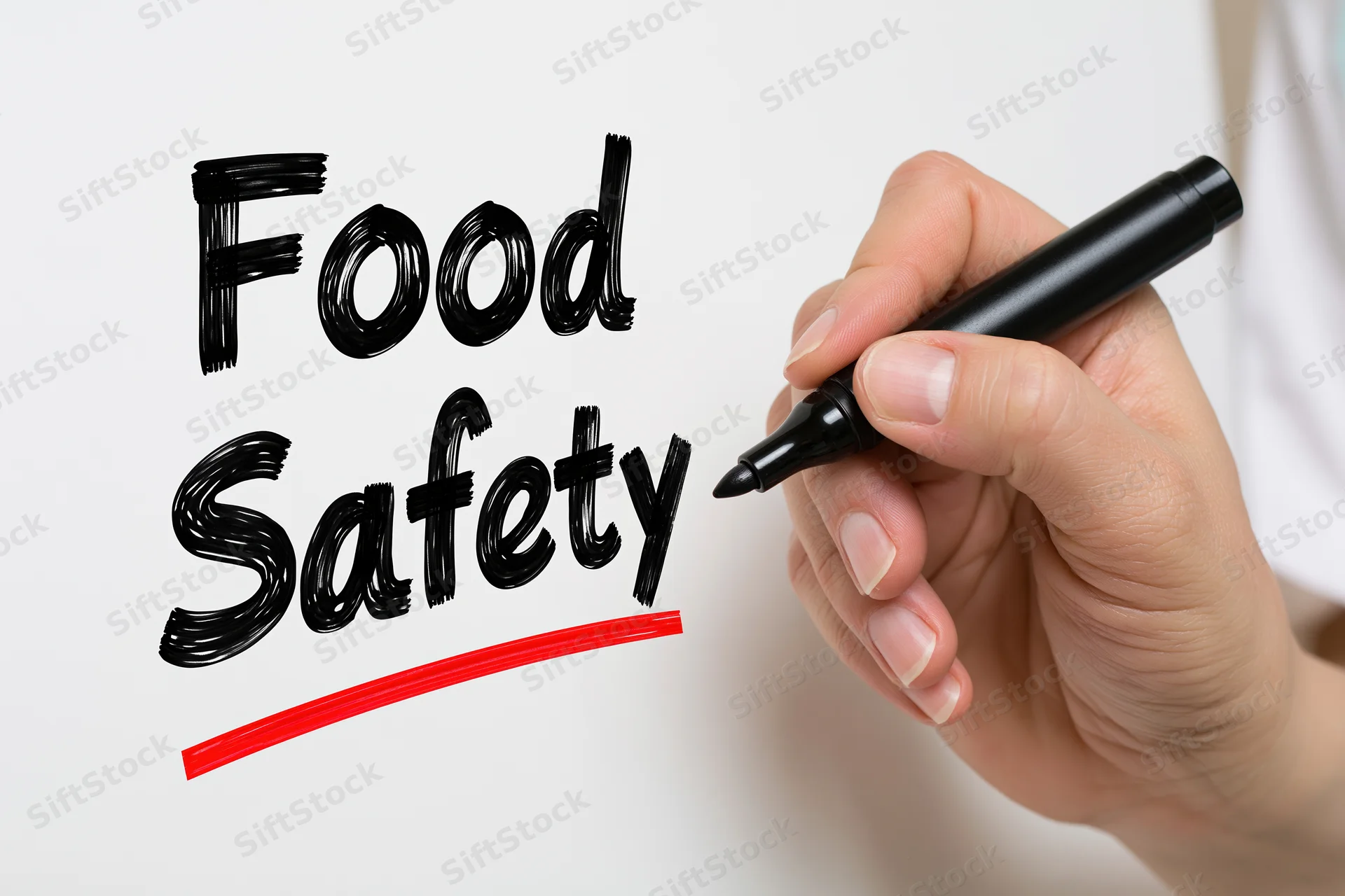 Hand writing bold text food safety with black marker on white surface