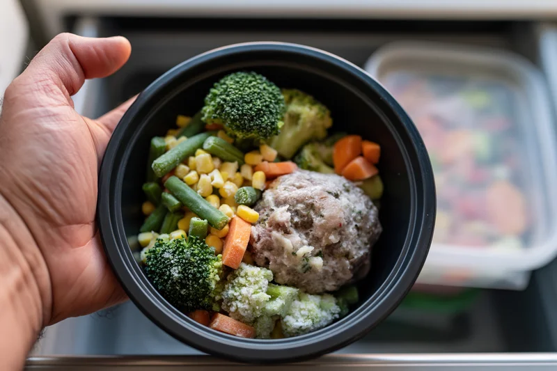 Hand holding black bowl with frozen vegetables and meatball inside refrigerator