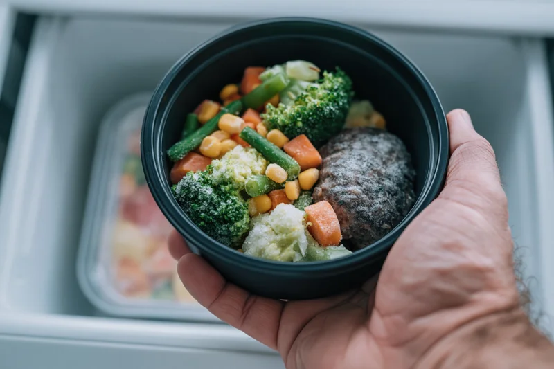Hand holding black bowl of frozen vegetables and meat in front of open freezer drawer