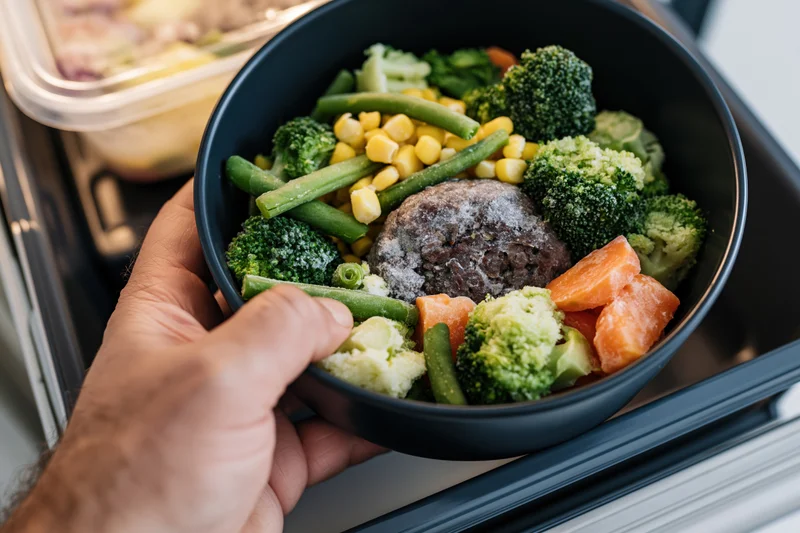 Hand holding black bowl of frozen vegetables and salmon meatball from refrigerator drawer