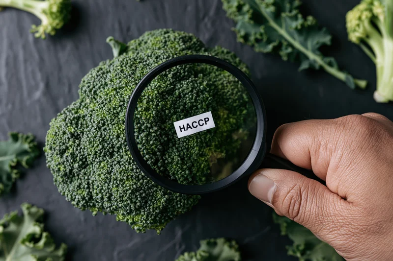 Hand holding magnifying glass over fresh broccoli on dark slate surface