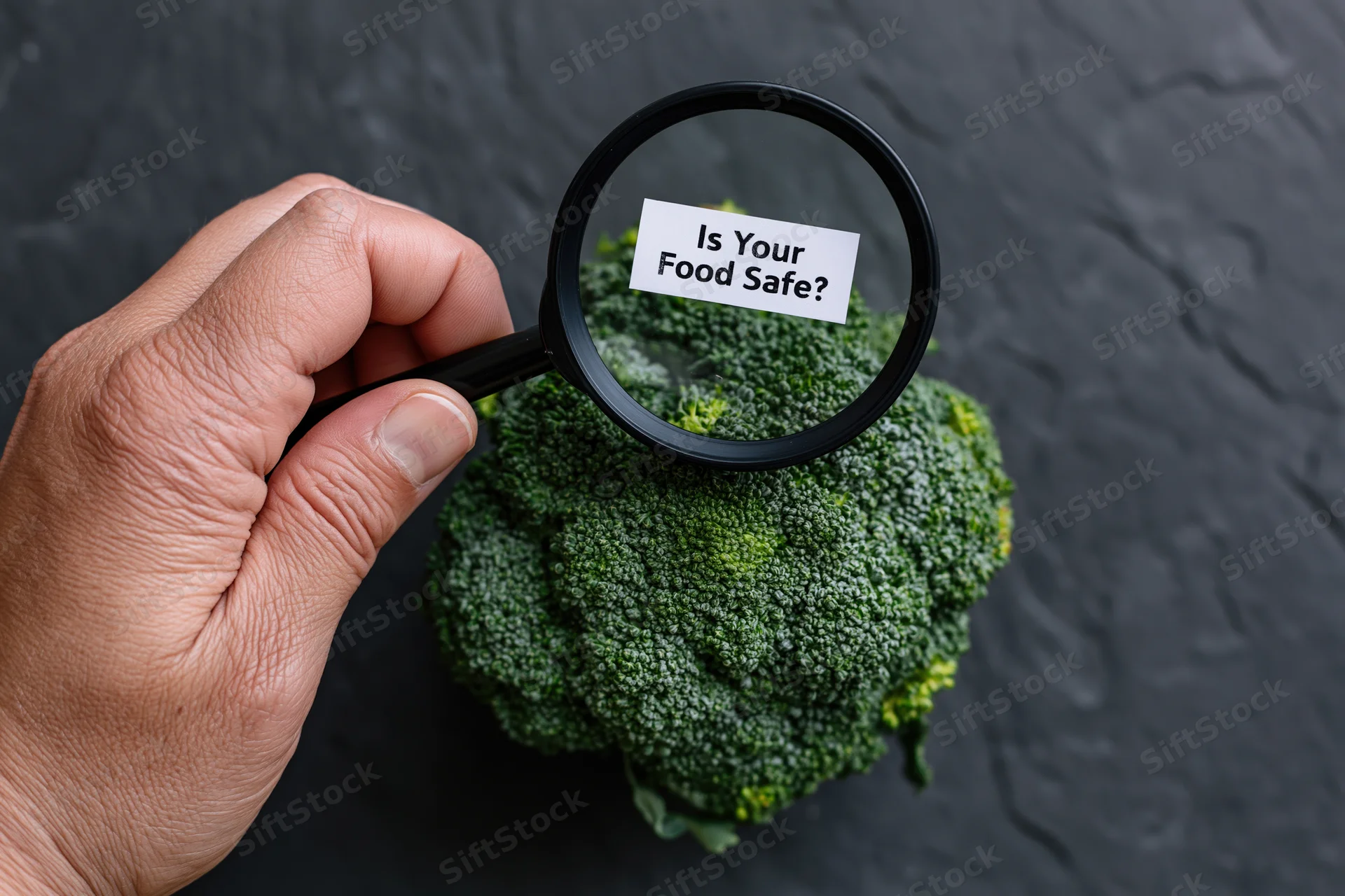 Hand holding magnifying glass over broccoli with text is your food safe on dark surface