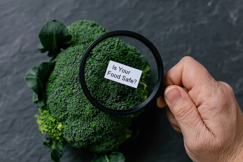 Hand holding magnifying glass over fresh broccoli to inspect for food safety