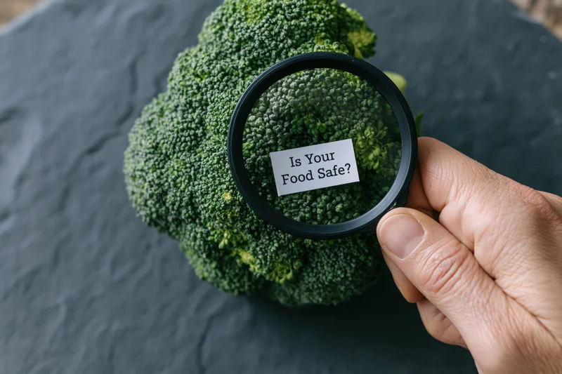 Hand holding magnifying glass over fresh broccoli on slate surface