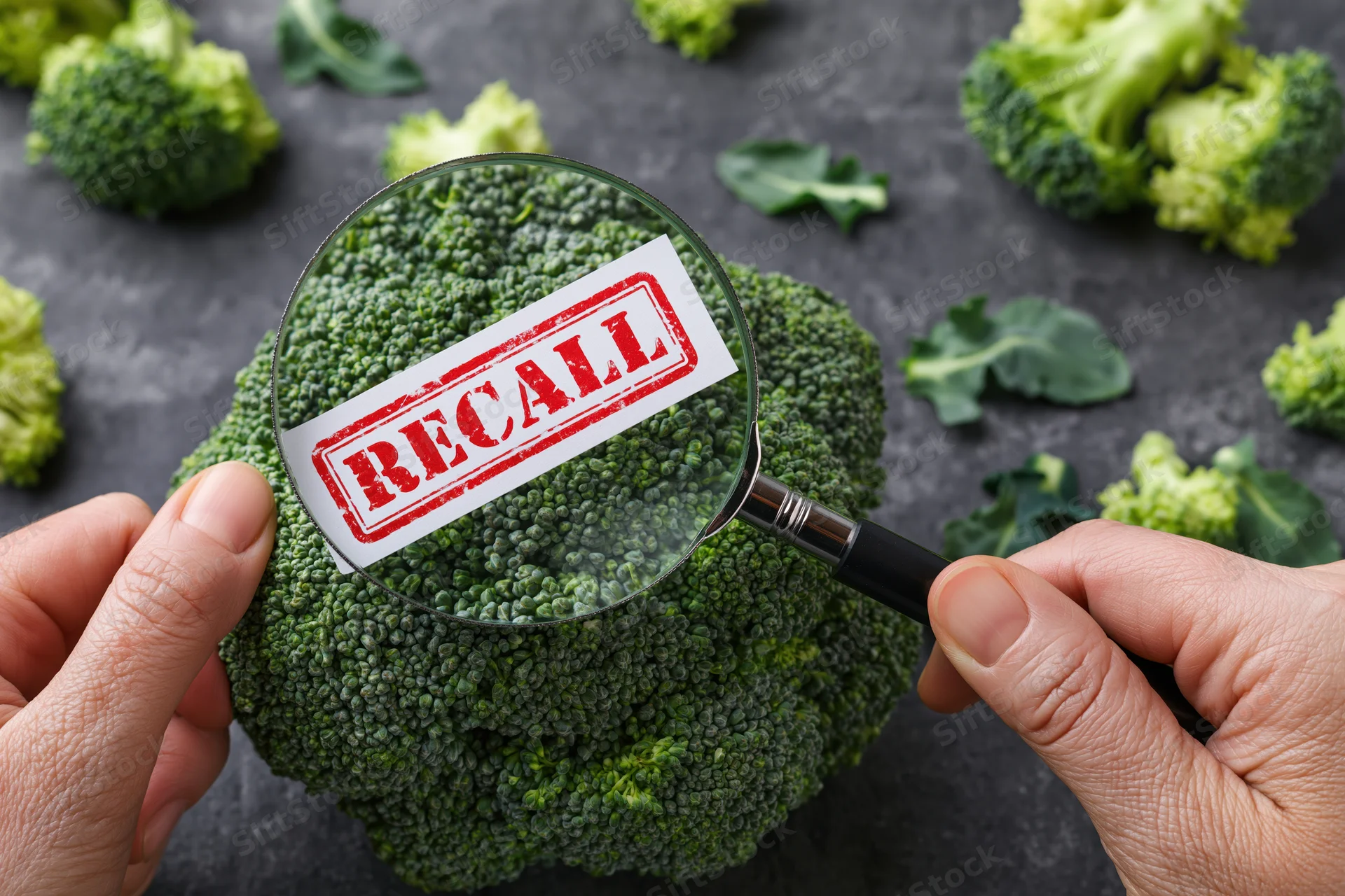 Hands holding magnifying glass over broccoli with recall stamp visible through lens