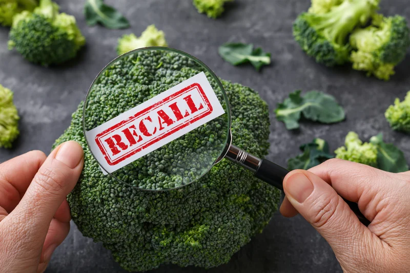 Hands holding magnifying glass over broccoli with recall stamp visible through lens