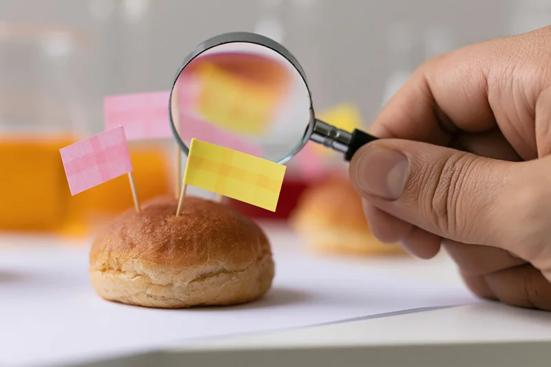 Hand holding magnifying glass over bread roll with flags inserted, inspecting food product on white surface
