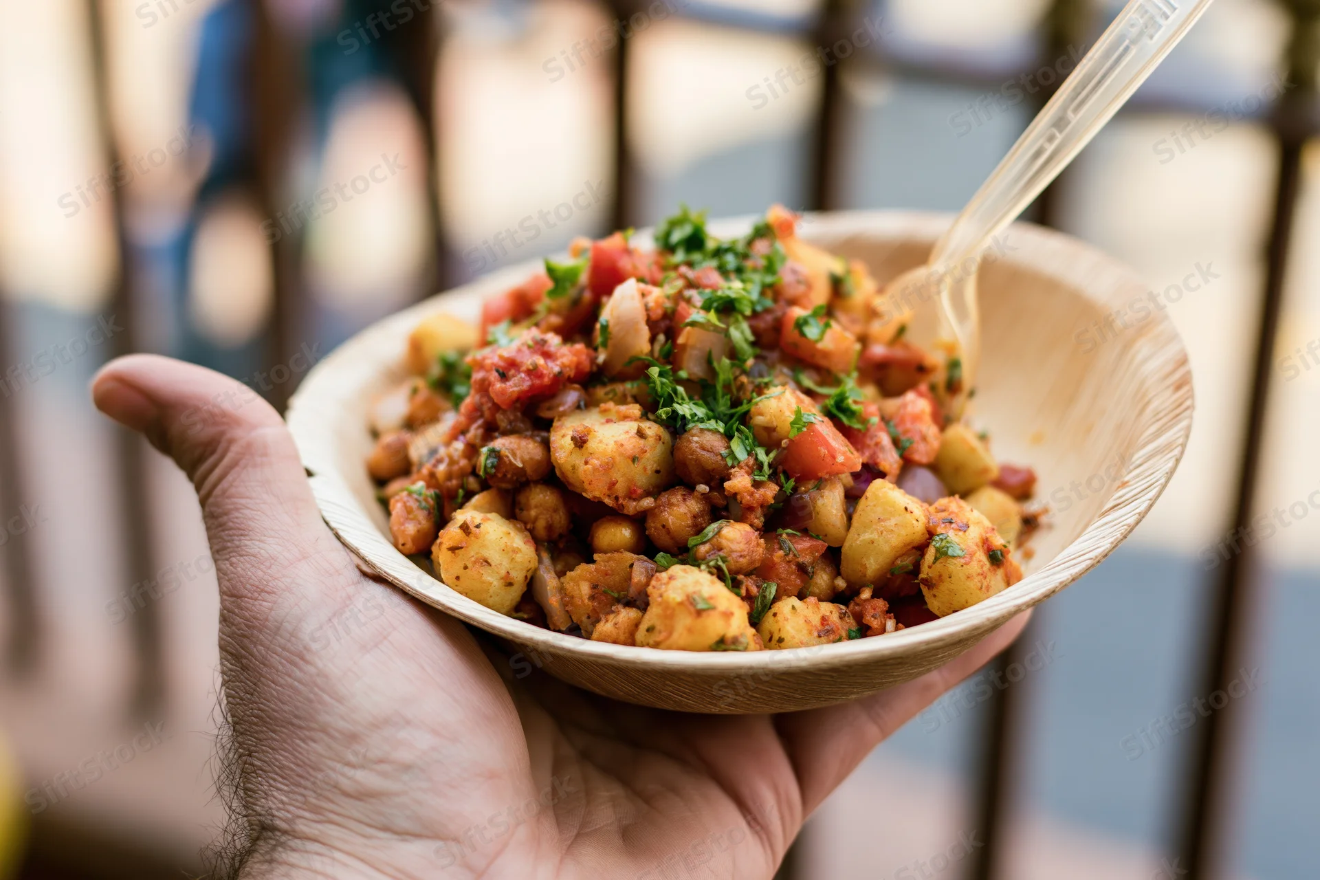 Hand holding a paper leaf bowl filled with indian street food snack outdoors