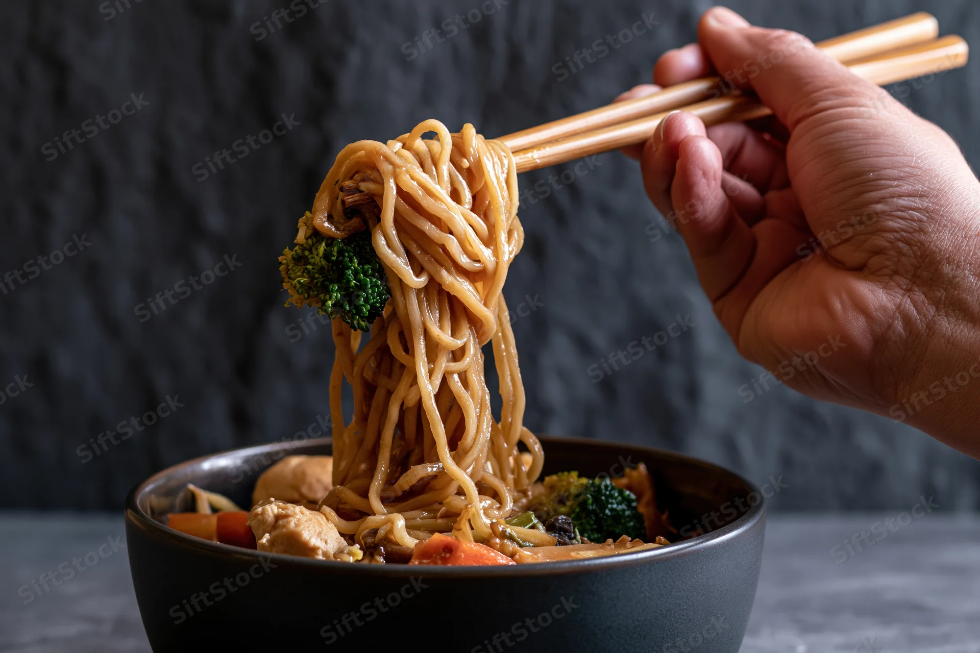 Hand lifting noodles with chopsticks from a bowl of stir-fry meal