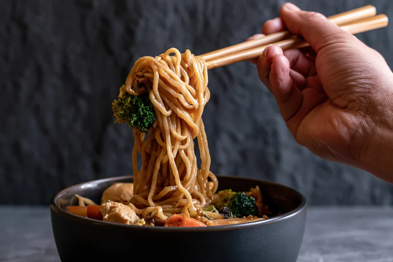 Hand lifting noodles with chopsticks from a bowl of stir-fry meal